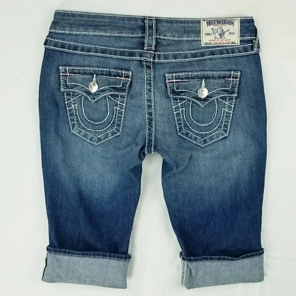 True Religion Size 28 Knee Length Short Cropped Cuffed Women's Blue Denim Jeans